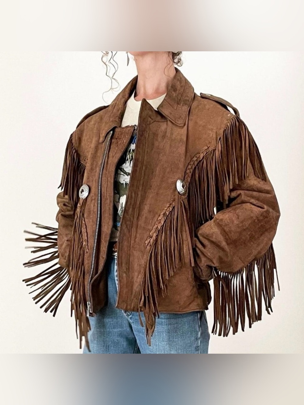 Vintage Women’s Open Road Leather Fringe Jacket Tassel Detail Brown Small